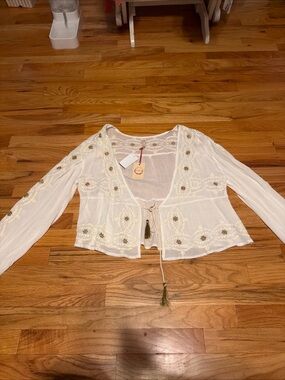 RAGA Cream Boho Embroidered Tie-Front Blouse